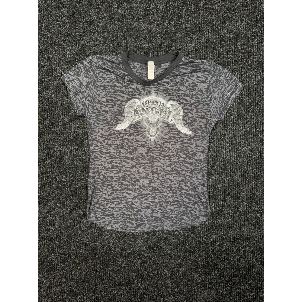 Hot Leathers Asphalt Angel Burnout Graphic T-Shirt Grey Black Women L Distressed